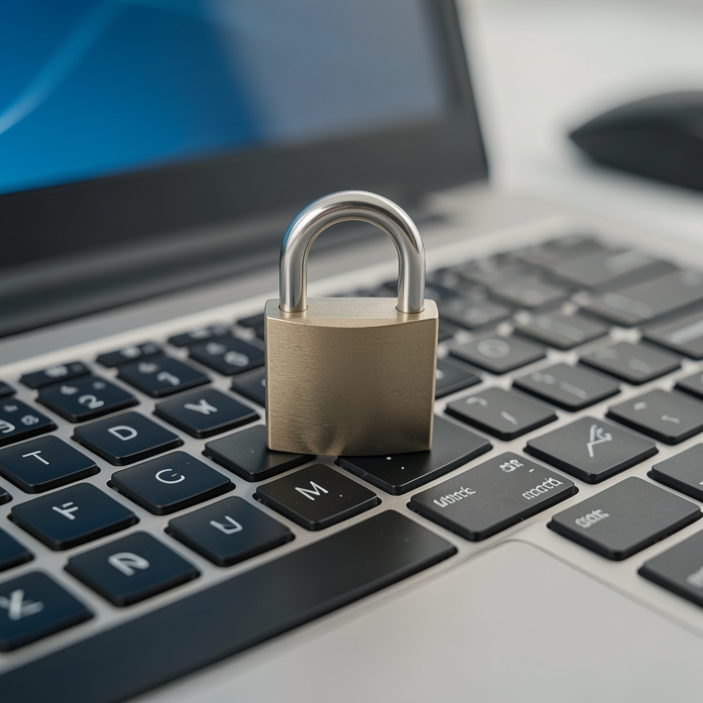 Candado metálico sobre un teclado de computadora representando la seguridad de los datos financieros digitales
