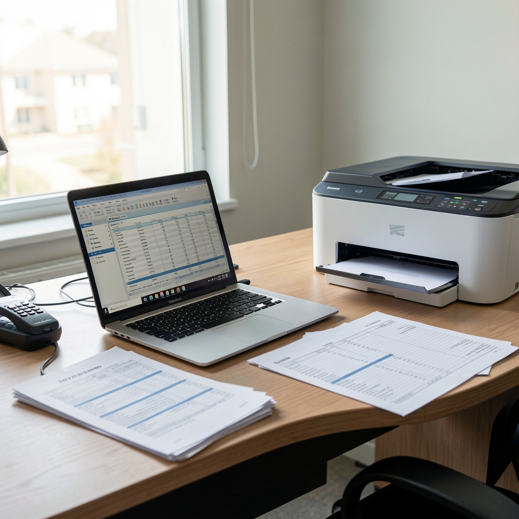 Escritorio de oficina con documentos contables siendo escaneados junto a una computadora portátil abierta