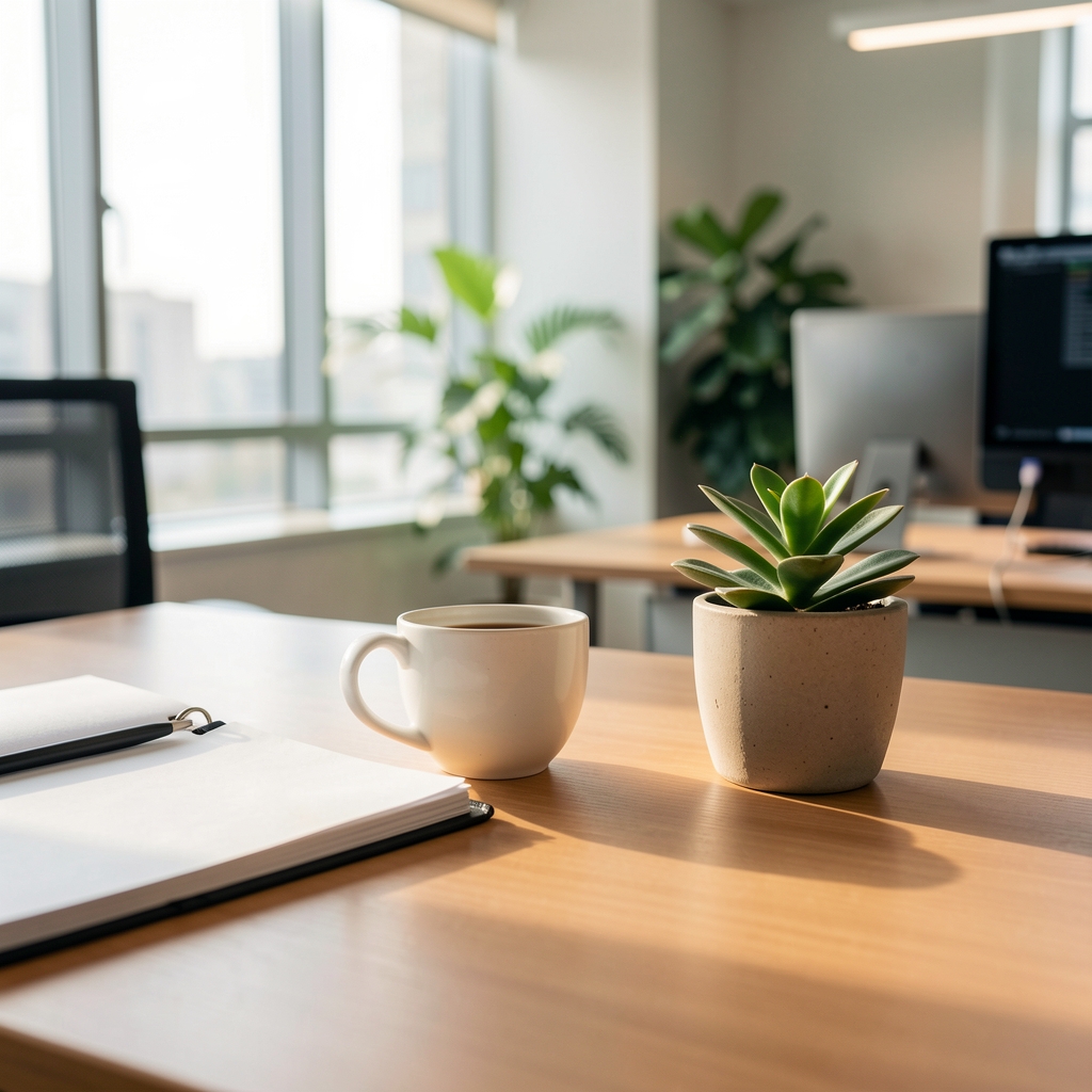 Informe de sostenibilidad ESG sobre un escritorio junto a una taza de café y una planta pequeña en una oficina con luz natural