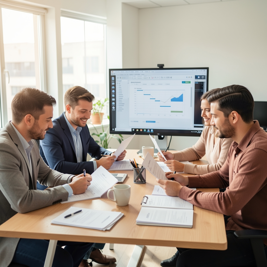 Equipo de trabajo de Veramo reunido en una oficina luminosa de Buenos Aires analizando informes contables en una pantalla