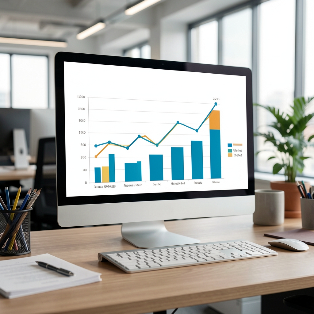 Gráfico de líneas y barras de análisis financiero mostrado en la pantalla de una computadora en una oficina