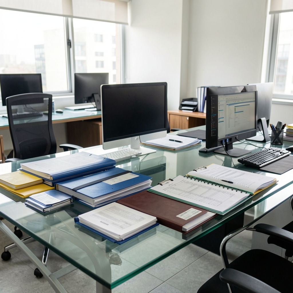 Oficina de análisis contable en Buenos Aires con escritorios, computadoras y carpetas de balances organizadas sobre una mesa de vidrio