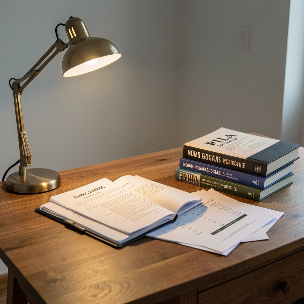 Pila de libros de normas contables y balances impresos sobre un escritorio de madera con una lámpara de escritorio encendida