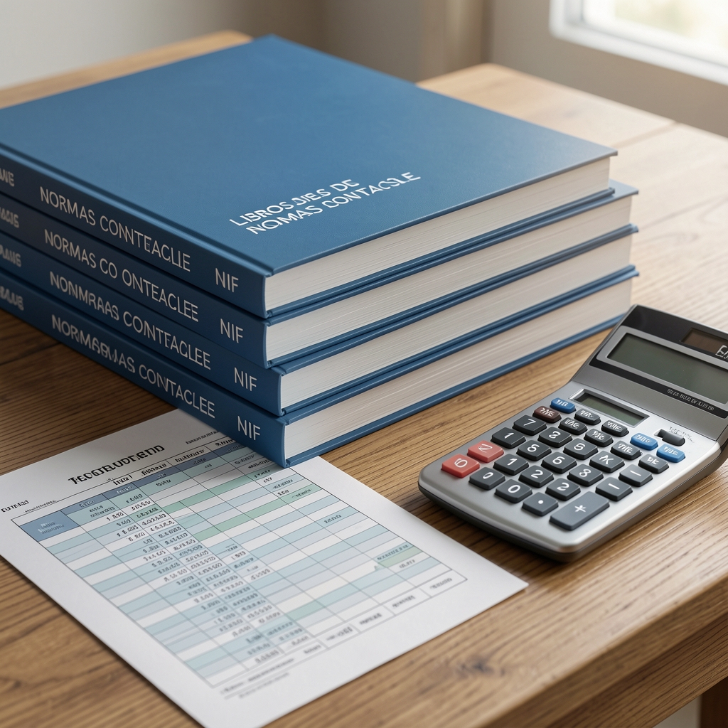 Libros de normas contables NIIF apilados sobre un escritorio junto a una calculadora y hojas de cálculo impresas