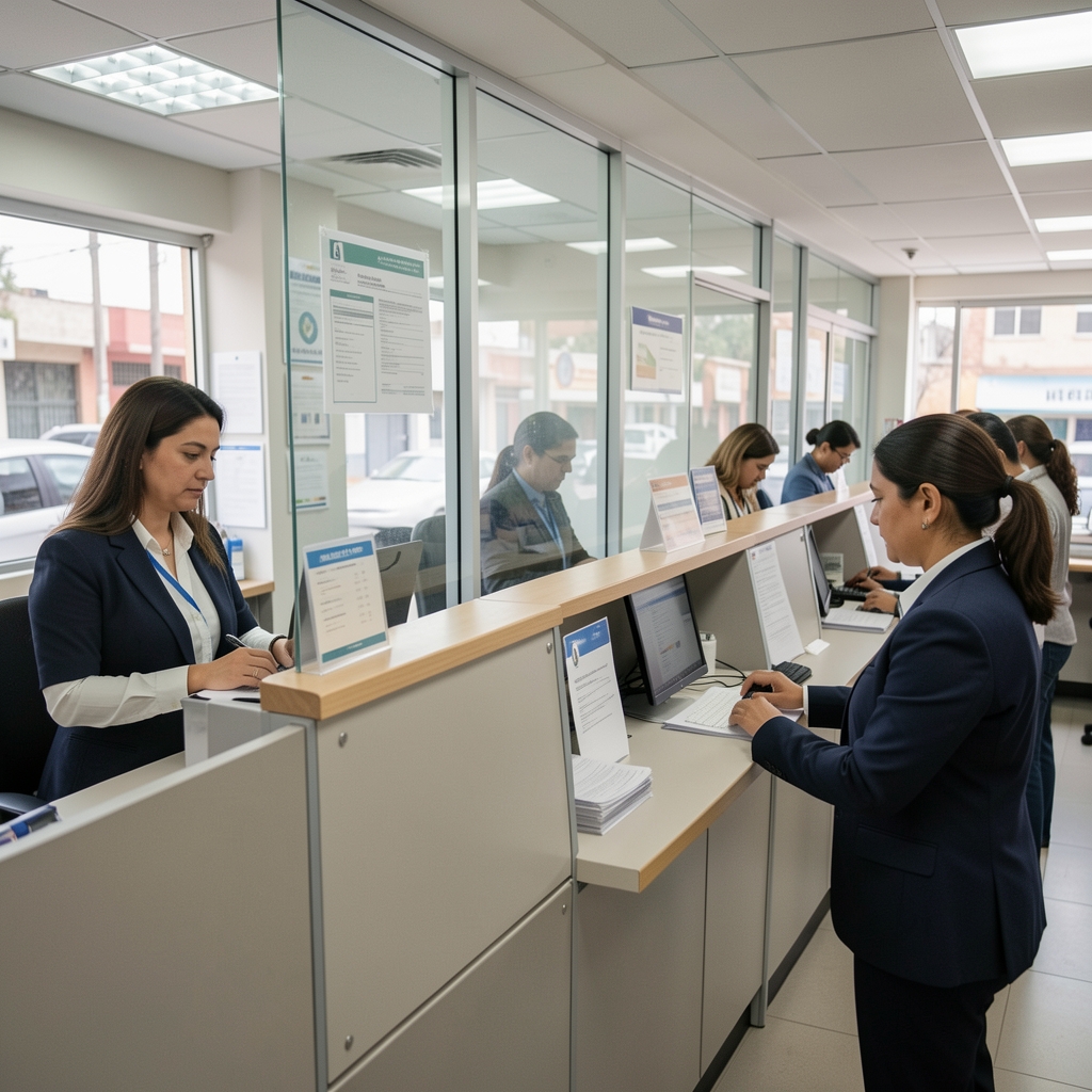 Oficina de trámites fiscales en Argentina con personas realizando gestiones administrativas frente a ventanillas de atención