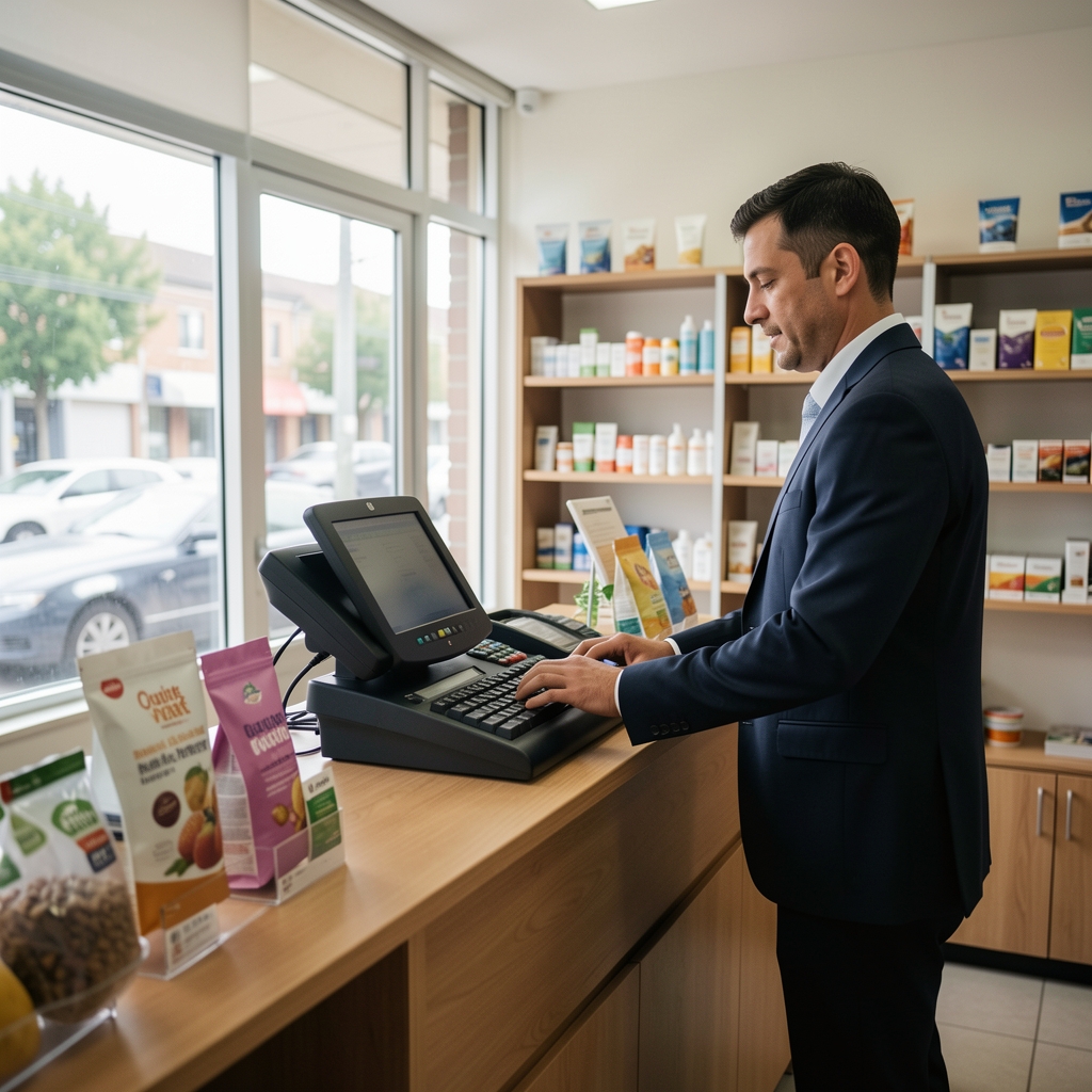 Mostrador de una pequeña empresa comercial en Buenos Aires con el propietario atendiendo desde la caja registradora